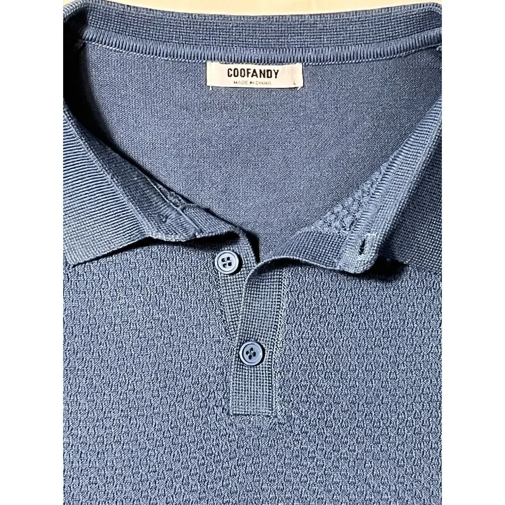 Men’s Blue‎ Long Sleeve Collared Knit Polo Sweater Textured Front Size Large
